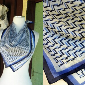 1980s Marja Kurki Blue White Graphic Silk Scarf