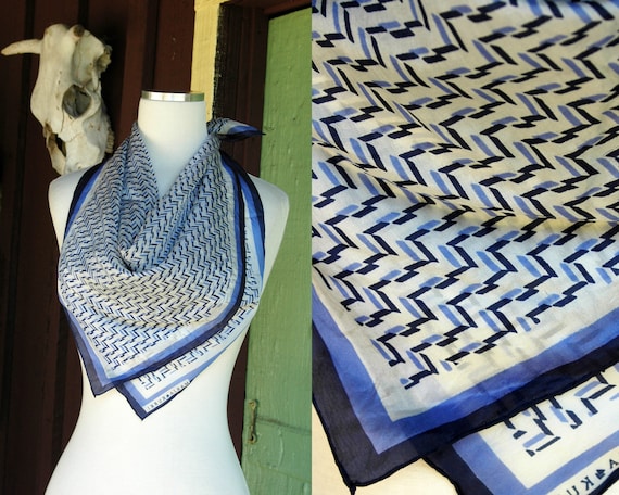 1980s Marja Kurki Blue White Graphic Silk Scarf - image 1