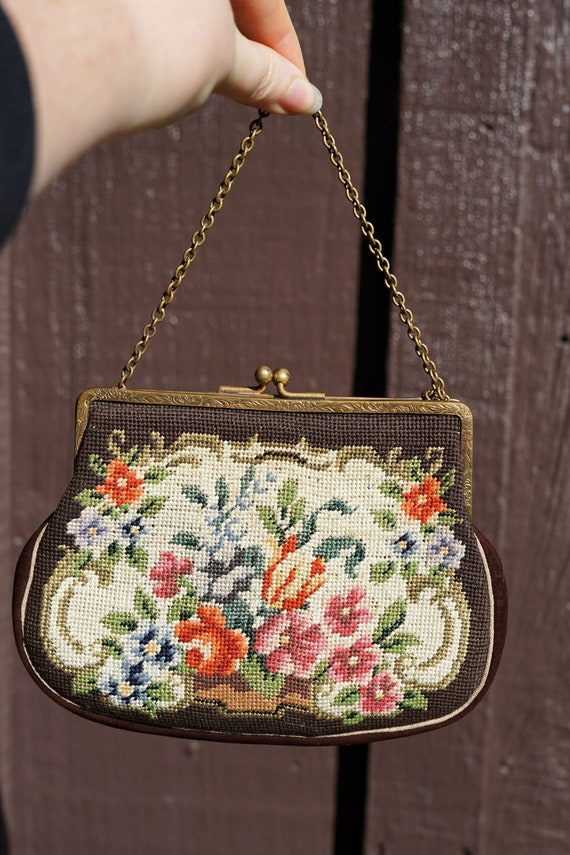 1950s 1960s Needlepoint Brown Floral Purse with Me