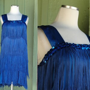 1970s 1980s Blue Fringe Shift Flapper Dress // 70s 80s Short Sleeveless Blue Dance Costume with Sequins and Fringe