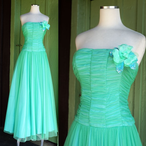 1980s 1990s Light Blue Green Mesh Ruched Mermaid … - image 1