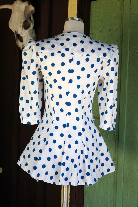 1980s White and Blue Polka Dot Peplum Blouse // 8… - image 8