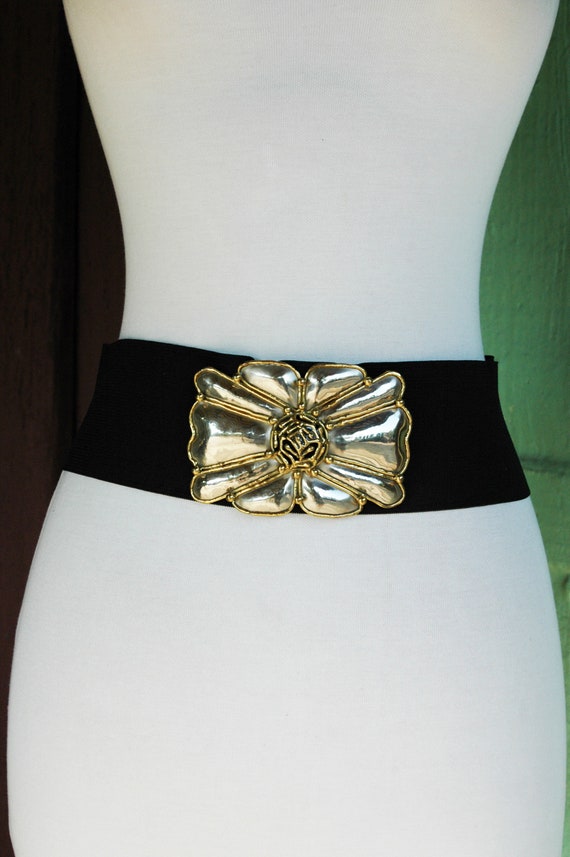 HOLIDAY 1980s Wide Black Belt with Silver and Gold