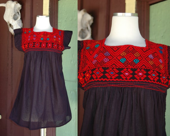 1970s 1980s Black and Red India Cotton Peasant Tu… - image 1