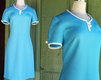 1960s 1970s Light Blue Crimplene Judith Flagg Dress // 60s 70s Short Sleeve Mod Dress with White Trim