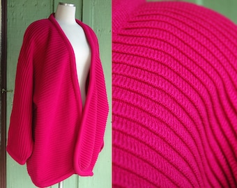 Fucsia Pink Ribbed Knit Oversized Slouch Sweater // Cozy Comfy Slouch Pink Cardigan Sweater