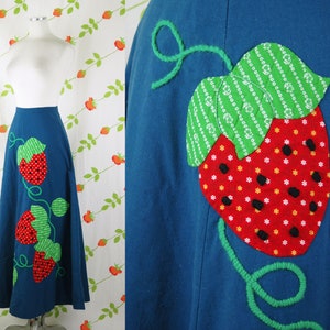 1970s Blue Maxi Skirt with Large Strawberry Quilted Applique // 70s Long Skirt with Red Green Strawberries