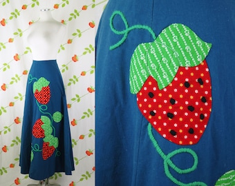 1970s Blue Maxi Skirt with Large Strawberry Quilted Applique // 70s Long Skirt with Red Green Strawberries