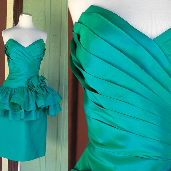 1980s Tadashi Strapless Dress with Tutu Over Skirt // 80s Green Blue Iridescent Prom Dress Party Robe Cocktail Robe