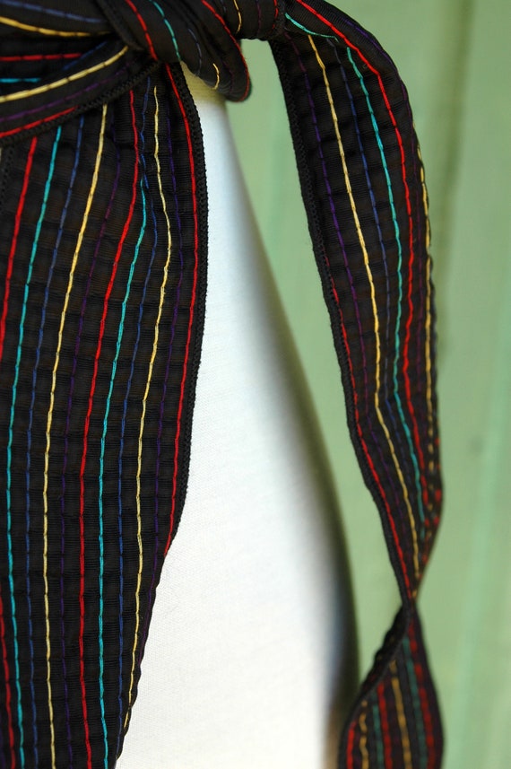 1980s Black Sash Tie Belt with Rainbow Stripe Sti… - image 3