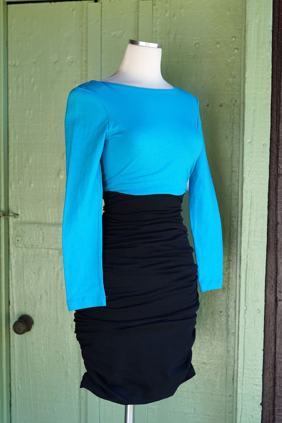 1980s 1990s Teal Black Ruched Tight Stretchy Mini… - image 5