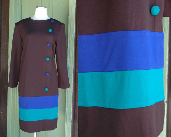 1980s 1990s Black Blue Green Striped Graphic Dres… - image 1