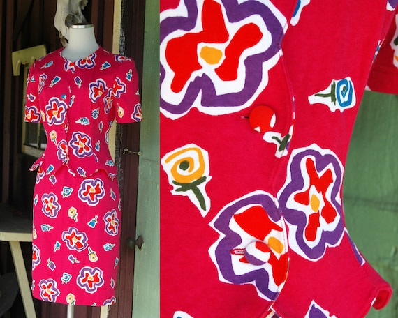 1980s 1990s Bright Pink Floral Skirt & Top Set //