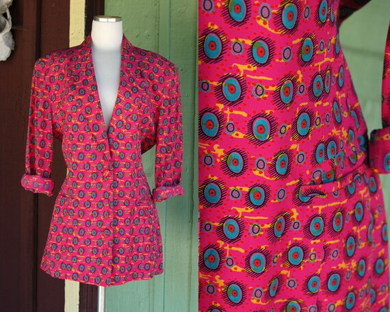 1980s 1990s Bright Pink Blazer with Green, Yellow