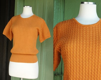 1990s Mustard Yellow Orange Cable Knit Short Sleeve Pullover Sweater