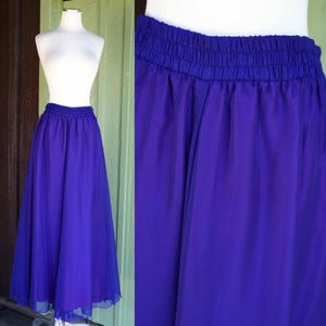 1980s 1990s Blue Flowy Maxi Skirt // 80s 90s Stretchy Elastic Waist Blue Long Skirt