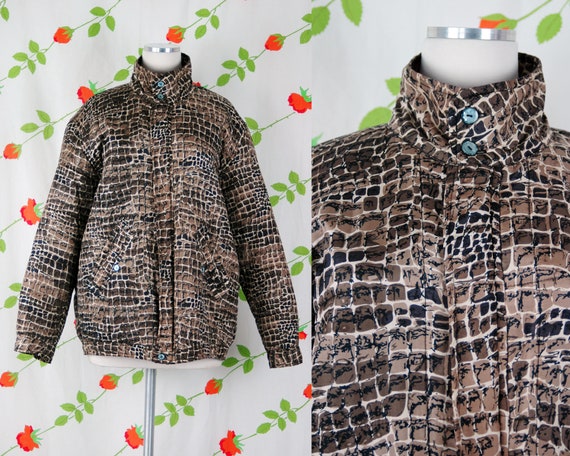 1980s 1990s Reptile Skin Print Silk Quilted Jacke… - image 1