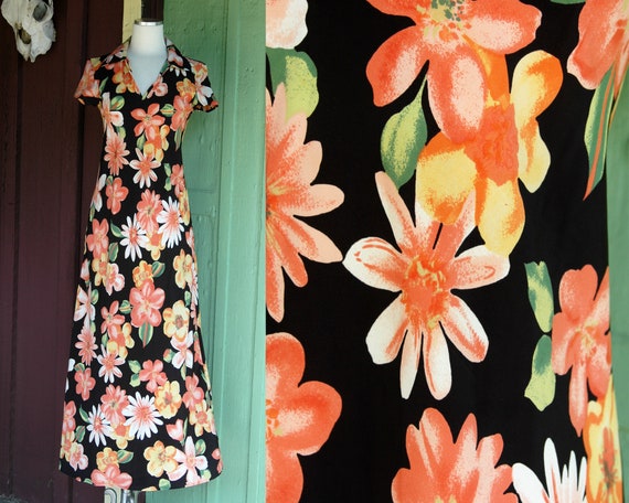 1990s Orange Yellow Peach Floral Print Long Dress