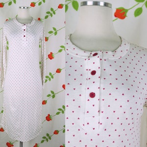 1990s White Pink Heart Print Long Sleeve Sleep Shirt // 90s Valley Girl Pink Heart Print Nightgown Sleep Dress