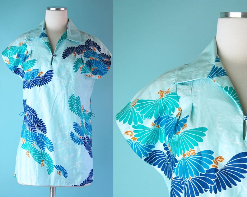 1970s Light Blue Turquoise Tropical Print Hilo Hattie\u2019s Hawaii Tunic Top 70s Beach Tunic Shirt