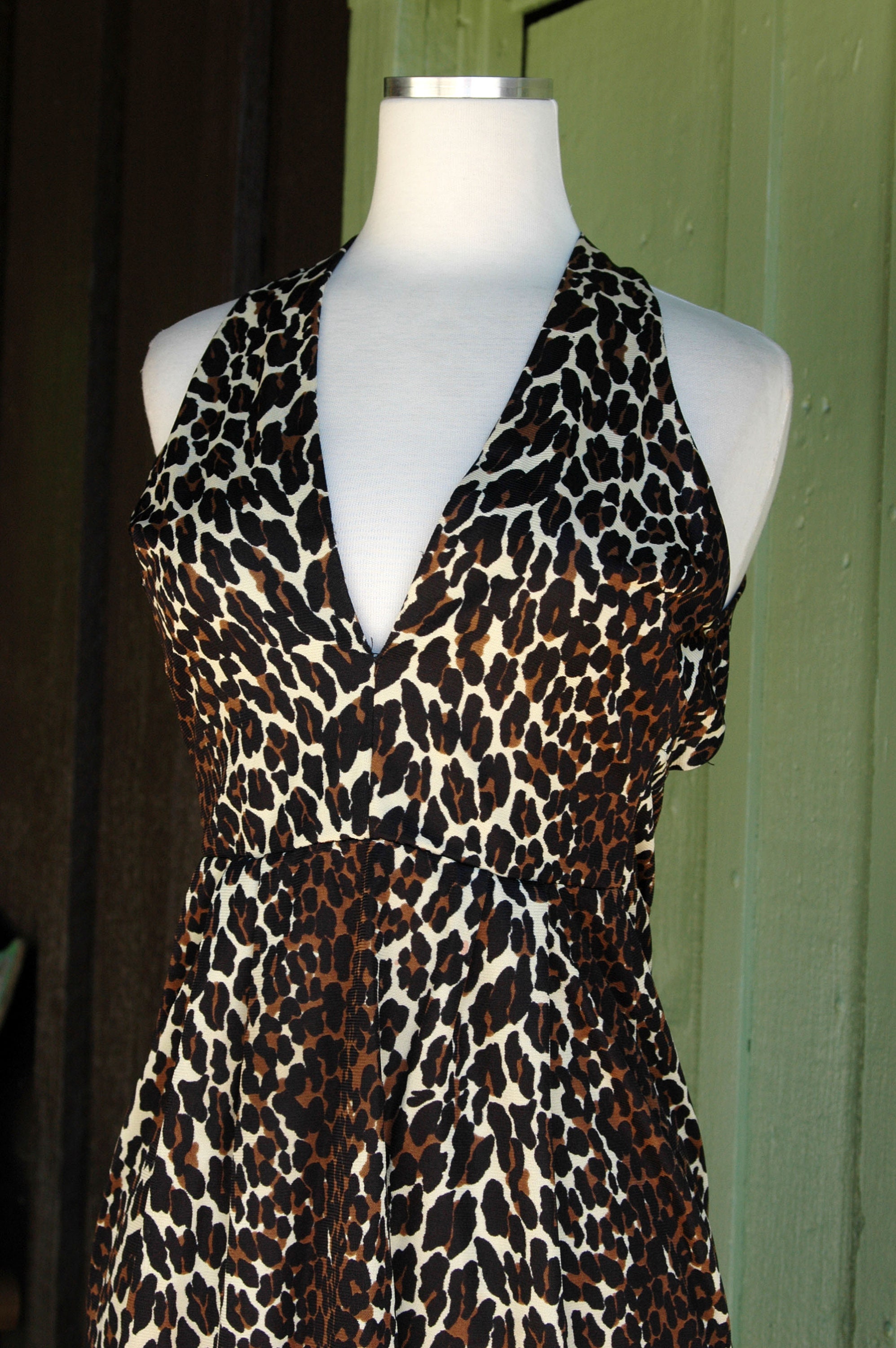 1970s Leopard Print Open Back Maxi Dress // 70s Tan Brown