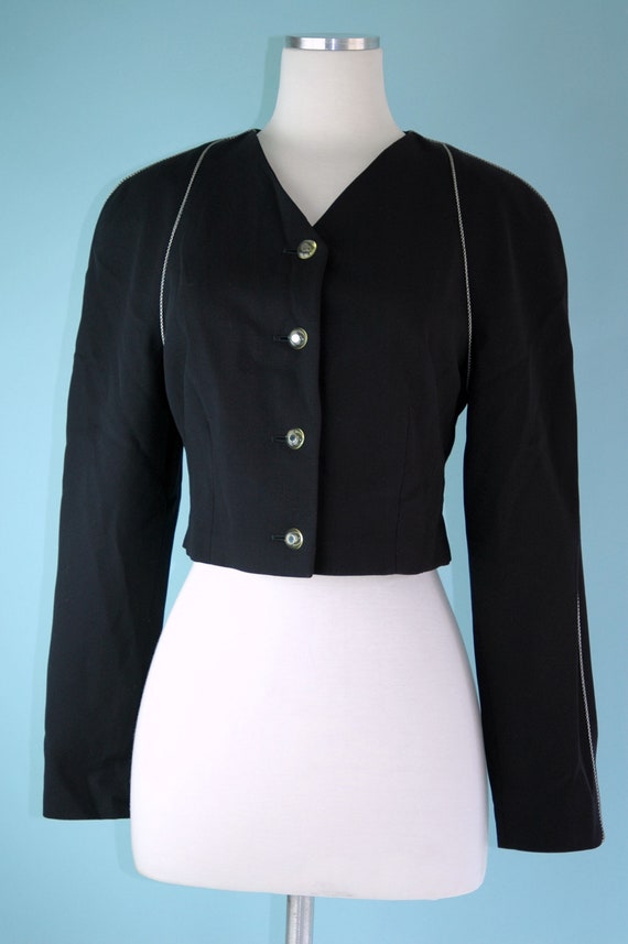 1990s Navy Escada Cropped Blazer with Black and W… - image 3