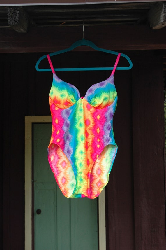 1980s Day Glow Rainbow Tie Dye One Piece Swimsuit 