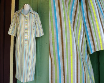 1960s Beige Tan Blue Yellow Green Striped Shirt Dress // 60s Striped Long Dress