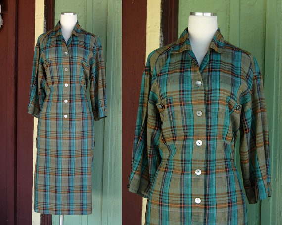 1960s 1970s Green Turquoise Orange Plaid Midi Dres