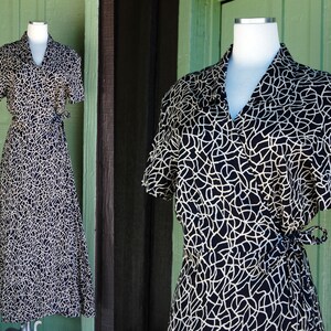 1990s Navy Blue Ivory Artsy Swirly Abstract Wrap Dress // 90s Long Rayon Wrap Dress