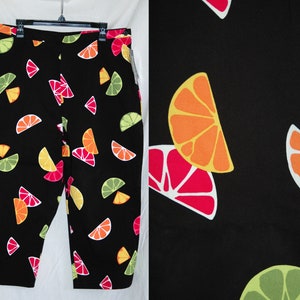 1990s 2000s NOS Black Pink Yellow Orange Green Citrus Fruit Capri Pants // 90s Black Bright Colorful Fruit Print Stretch Pants Original Tags