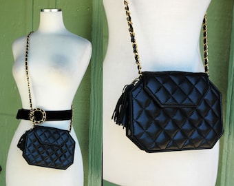 1980s 1990s Black Quilted Leather Purse with Gold Chain Link Strap // 80s 90s Crossbody Shoulder Evening Purse with Fringe Tassel