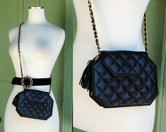 Vintage 90s CHANEL CC Black Satin Quilted W Gold Chains & 