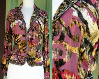 Alberto Makali Mauve Burnout Velvet Animal Print Blazer with Beaded Trim Small