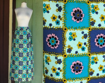1960s Blue Turquoise Teal Purple Checkered Floral Wrap Maxi Skirt // 60s Beverly Vogue California Mod Flower Skirt