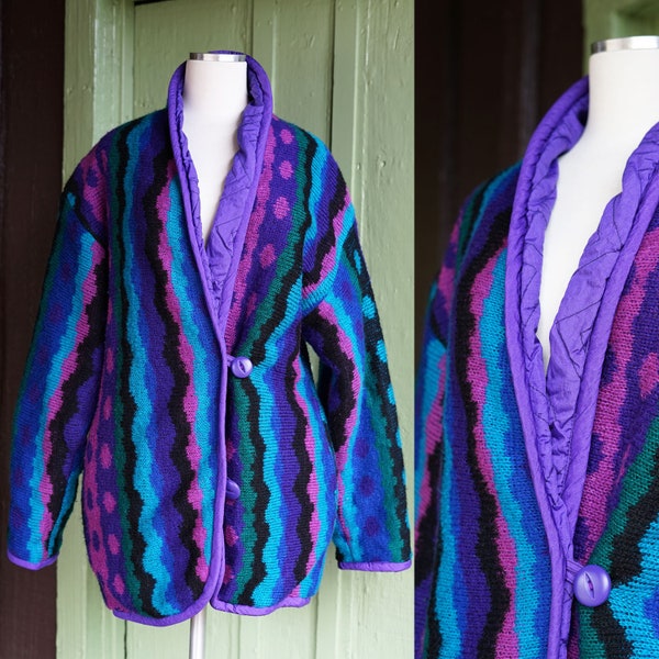 1980s Reversible Knit Sweater Jacket by Jennifer Chase // 80s Purple Blue Green Striped Polka Dot Funky Knit Jacket