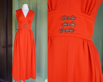 1960s 1970s Orange Maxi Dress with Empire Waist & Gold Tone Metal Hardware at Waist // 60s 70s Chic Long Dress