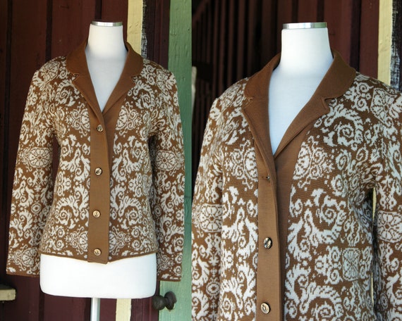 1960s 1970s Brown Tan Catalina Jacquard Cardigan S