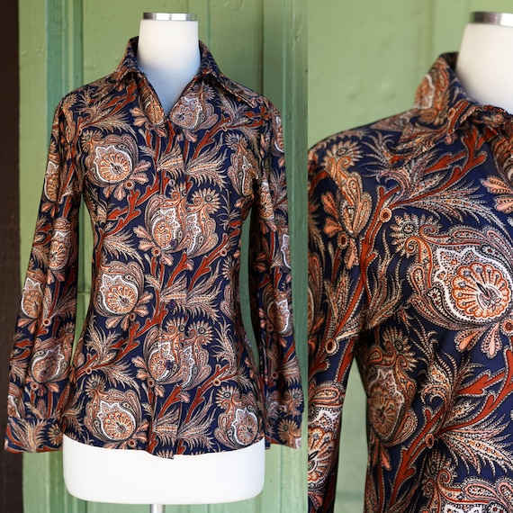 1970s Navy Blue Brown Tan Paisley Long Sleeve But… - image 1