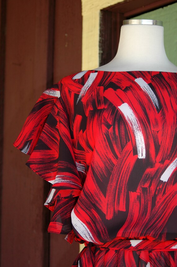 1980s Red White Black Abstract Brush Print Sheer … - image 5