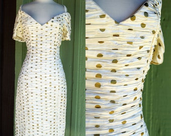 1980s 1990s Warm Ivory Ruched Micro Pleated Gold Polka Dot off the Shoulder Dress // 80s 90s Expo Nite Hourglass Evening Formal Dress - Etsy 1980s 1990s Warm Ivory Ruched Micro Pleated Gold Polka Dot off the Shoulder Dress // 80s 90s Expo Nite Hourglass Evening Formal Dress - Etsy