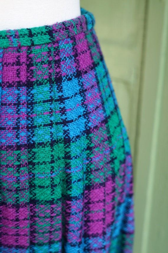 1960s Blue Purple Green Plaid Pleated Midi Skirt … - image 6