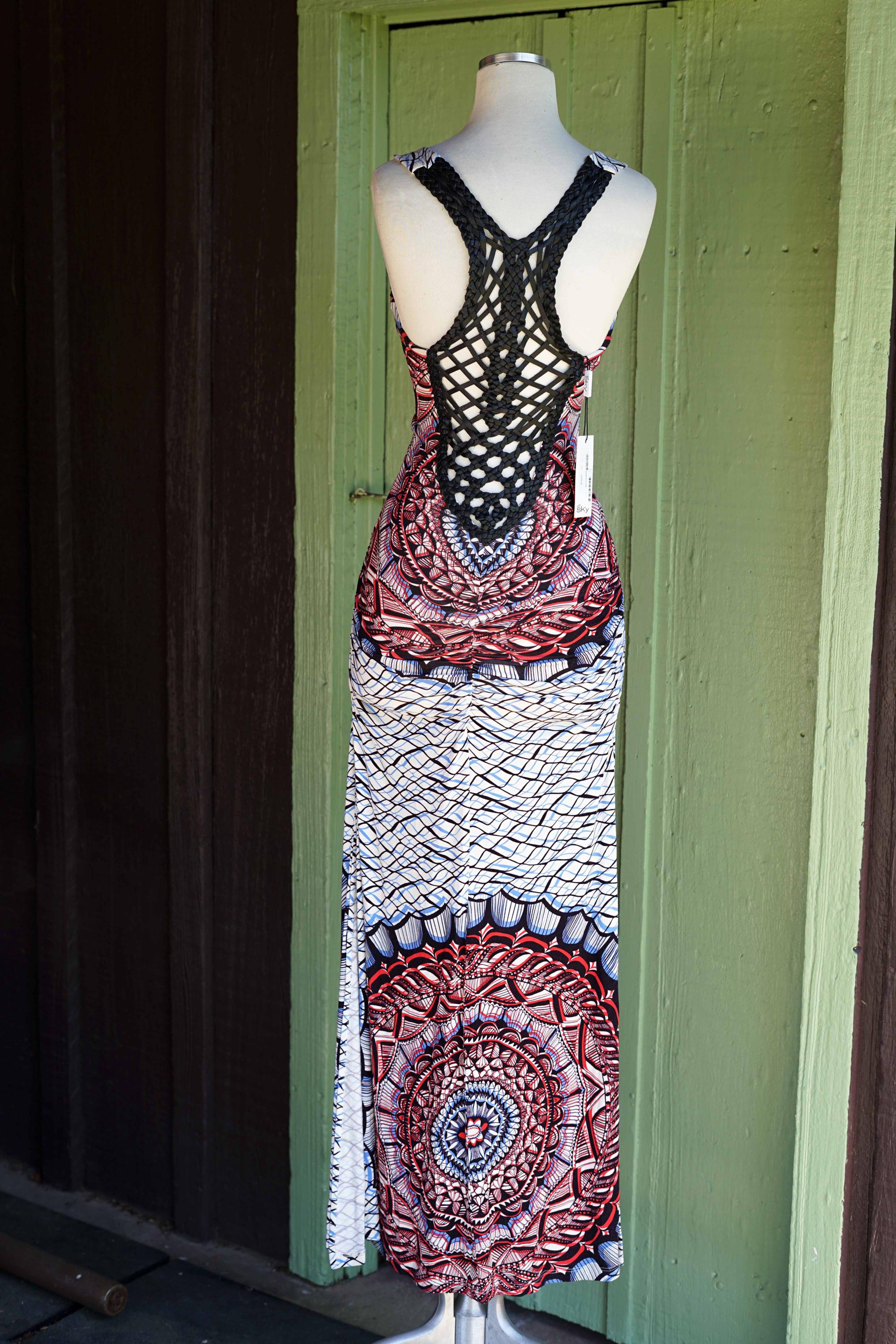 2000s Sky Sun Print Maxi Dress // Y2K Iconic Blue Red Black White Stretchy Ruched Long Dress