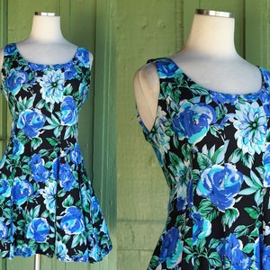 1990s Blue Green Black Floral Skater Dress // 90s Rayon Mini Dress with Flared Skirt by Star Cody
