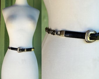 1990s Black Silver Leather and Metal Chain Belt by Brighton // 90s Brighton Belt
