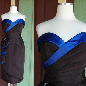 HOLIDAY 1980s Black Strapless Party Dress with Blue Satin Trim and Oversized Bow by AJ Bari // 80s Sweetheart Neckline Formal Dress