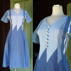 1990s Light Blue & White Denim Dress // 90s Jumper Style Dress with Striped Bodice and Pearl Buttons