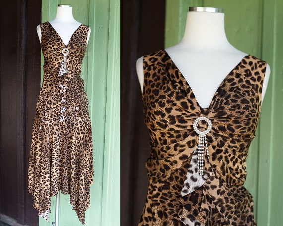 2000s Tan Brown Leopard Print Tank Top Skirt Set // Y2K Ruffle Tank Top with Rhinestone Trim Midi Skirt with Attached Belt Detail