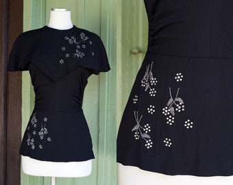 1940s Black Blouse with Rhinestone Beaded Floral Design Cape Collar and Peplum Detail // 40s Beaded Flower Blouse