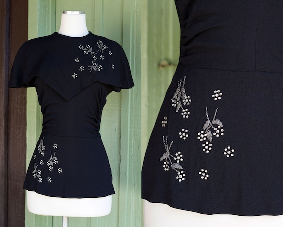 1940s Black Blouse with Rhinestone Beaded Floral … - image 1